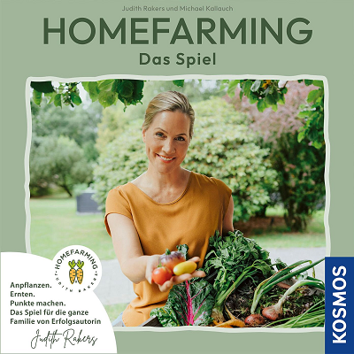 Judith Rakers mit Gemüse in der Hand. Der Schriftzug Homefarming das Spiel steht auf dem Cover.