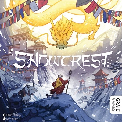 Das Cover von Snowcrest zeigt eine beeindruckende, verschneite Berglandschaft, die von sanften, weißen Gipfeln dominiert wird. In der Mitte des Covers ist ein malerisches Dorf abgebildet, dessen Häuser von schneebedeckten Bäumen umgeben sind. Ein mystischer Wächter des Wissens steht in der Nähe des Dorfes und blickt auf das Geschehen herab. Die Farbpalette besteht aus beruhigenden Blau-, Weiß- und Grautönen, die eine frostige und geheimnisvolle Atmosphäre erzeugen. Das Spiellogo ist in einer eleganten Schriftart am oberen Rand platziert, während der Titel Snowcrest klar und deutlich zu sehen ist. Der gesamte Eindruck vermittelt ein Gefühl von Abenteuer und Strategie in einer Welt voller Geheimnisse und Herausforderungen.